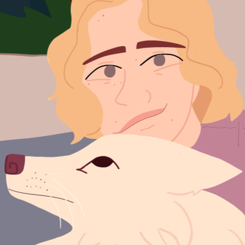 A drawing of a person with white skin and chin-length blonde hair. They are wearing a purple shirt, and they have green eyes and thick eyebrows. In front of them there is a fluffy white dog, staring up at them with some confusion.