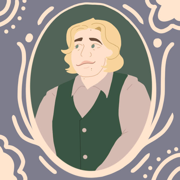 A drawing of a person with white skin and chin-length blonde hair. They are wearing a purple light shirt with a dark green vest on top. They are staring off to the left, surrounded by a purple frame.