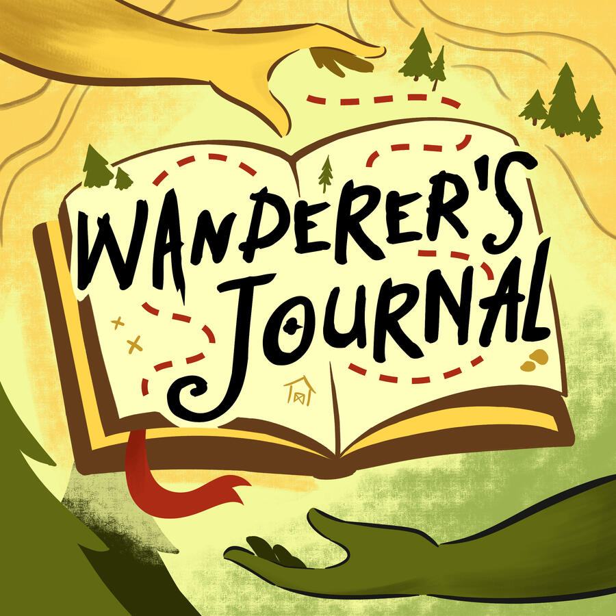 An open Journal with the words "Wanderer's Journal" in all caps. There are little symbols of houses and trees on it, as well as a drawn out path. There is a green hand at the bottom of it and a yellow hand at the top, seeming as if they are grasping for it